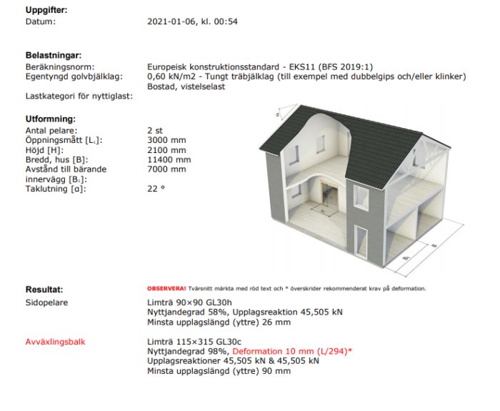 3D-ritning av ett tvåvåningshus med måttangivelser och byggteknisk information.