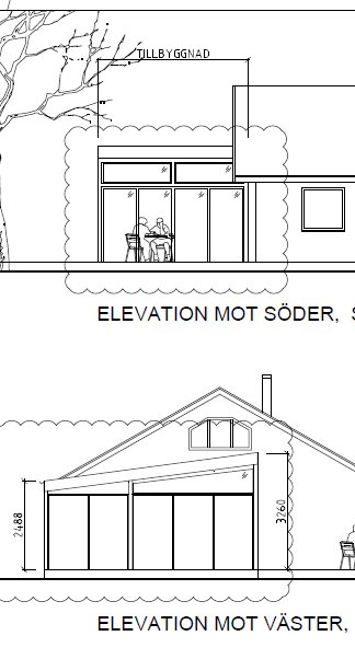 Arkitektoniska ritningar för ett uterum med söder- och västerfasad, visar dimensioner och konstruktion.