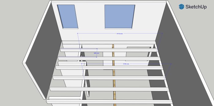 Skiss i 3D av en byggnadskonstruktion med måttsatta bjälkar och angivet bjälklagsavstånd.