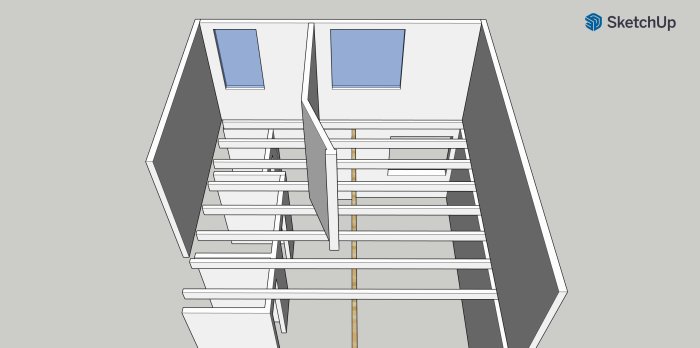 Skiss i SketchUp av huskonstruktion med bjälklag och planerad väggmarkerad i träfärg.