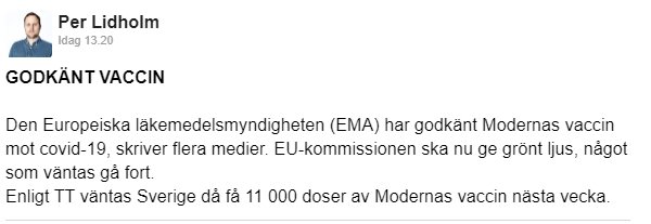 Skärmdump av diskussionstråd om godkännandet av Modernas covid-19 vaccin i EU.