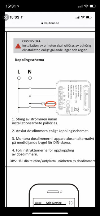 Elektriskt kopplingsschema med en inringad tändtråd markerad med rött.