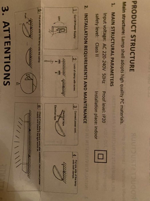 Installationsmanual för ledlysrör med symboler som visar inkoppling och montering mot en 230V spänning.