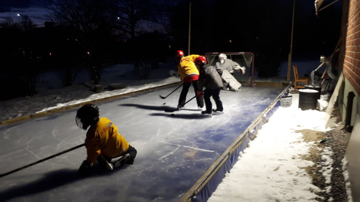 Kvarterslag spelar ishockey på en hemmagjord isrink i kvällsbelysning.