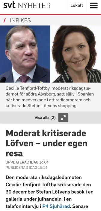 Skärmdump från SVT Nyheter där Cecile Tenfjord-Toftby och Stefan Löfven är avbildade med rubriken om politisk kritik.