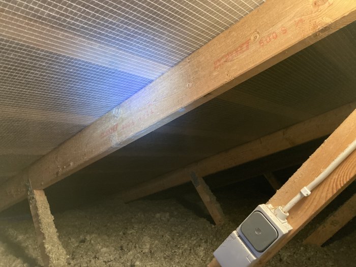 Inspektion av torrt takområde i vindsutrymme med synliga takstolar och plastfolie.