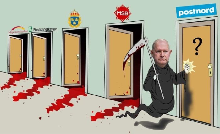 Illustration av karaktär med svärd och ninja-stil framför tre dörrar märkta med svenska myndighetslogotyper.
