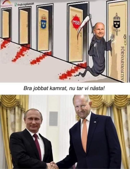 Illustration av en karaktär som liknar liemannen framför dörrar märkta med myndighetslogotyper, sedan en handskakning mellan två män.