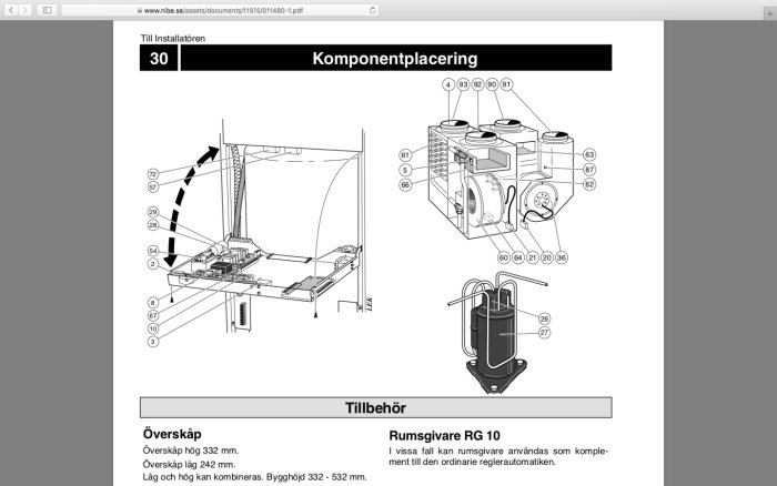 Illustration av komponentplacering för en värmepump med märkta delar, inklusive överdelens lucka och filter hänvisningar.