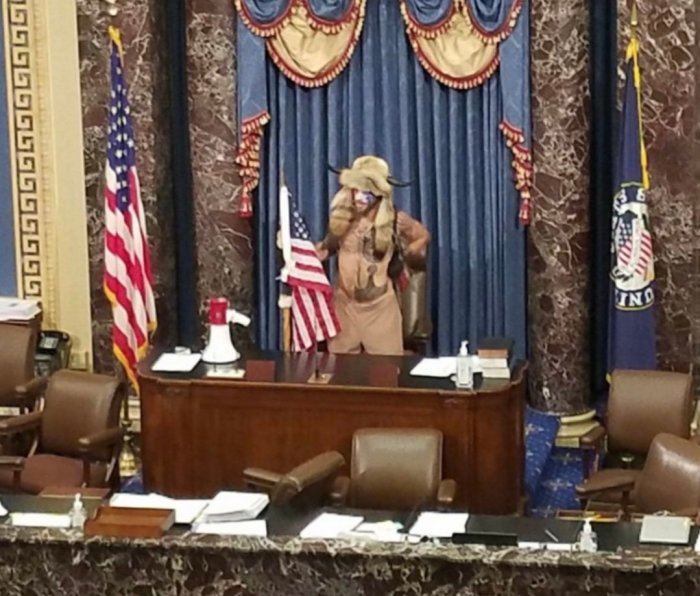 Person utklädd till bison står vid podium omgiven av USA-flaggor i vad som ser ut att vara en sessionssal.