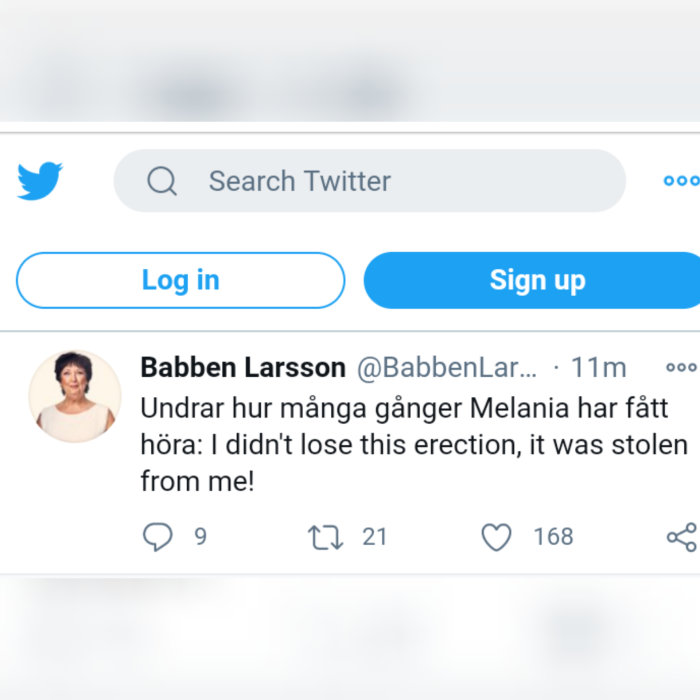 Twitter-skärmavbild på ett inlägg av Babben Larsson med text.