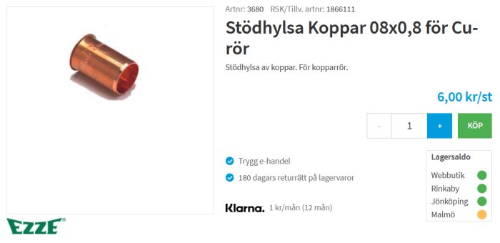 Kopparfärgad Ezze stödhylsa för kopparrör på vit bakgrund.