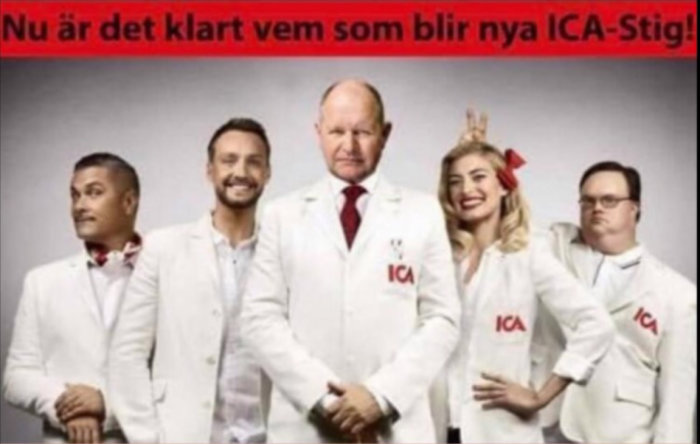 Fyra personer i vita rockar med ICA-logotyp, den i mitten ser allvarlig ut, text om ny ICA-Stig ovanför.