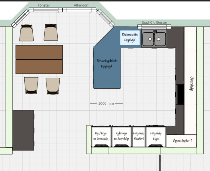 Ritning av kökslayout med möblering, inkluderar köksö, skafferi, diskmaskin och upphöjda fönster.