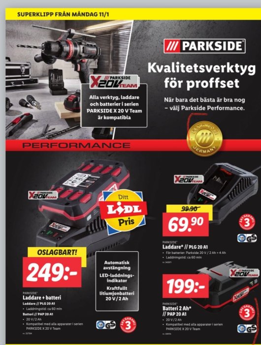 Reklamblad för Parkside-verktyg med priser, erbjudanden på borr, laddare och batterier från LIDL.