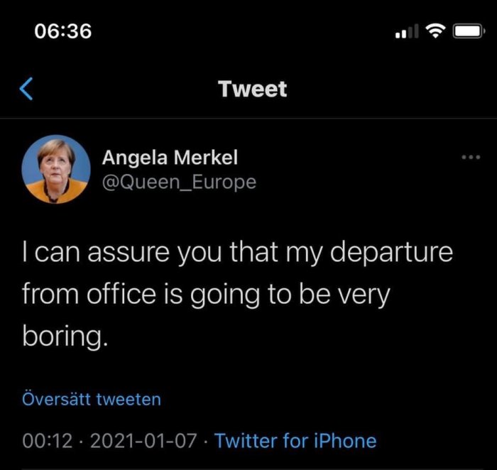Skärmdump av en tweet från en användare med namnet Angela Merkel och handtaget @Queen_Europe.