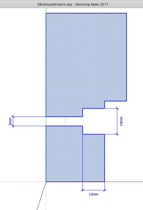 Teknisk ritning av dörrkarm med måttangivelser, inklusive hål för montering.