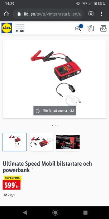 Ultimate Speed mobil bilstartare och powerbank med röda och svarta kablar samt en adapterkabel på en webbsida.