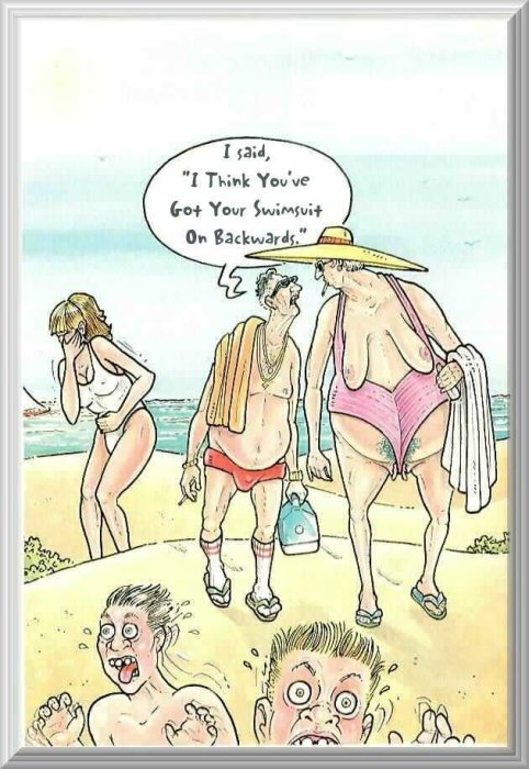 Illustration av komisk strandscen där en person bär sin baddräkt bakochfram.