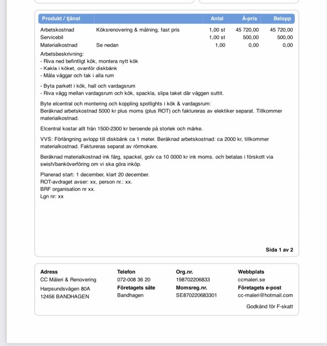 Skärmbild av ett kostnadsförslag för renovering inklusive arbetskostnader, material och planeringsdetaljer från en byggfirma.