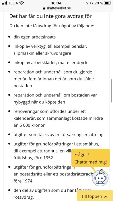 Skärmklipp av Skatteverkets hemsida med lista över avdrag som inte är tillåtna.