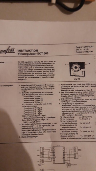 Instruktionsdokument för villaregulator ECT 606 med diagram och text på svenska.