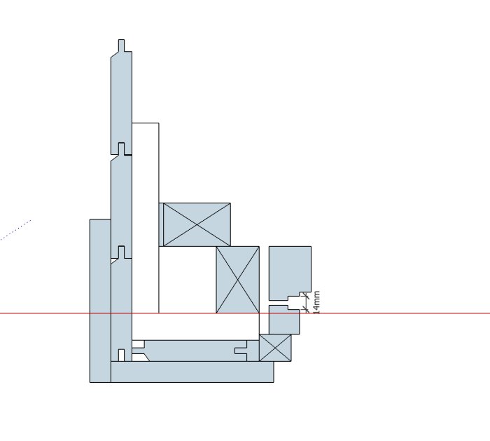 Teknisk ritning som visar snitt av dörrkarm och vägg med markerade mått och justeringar för karmskruvar.