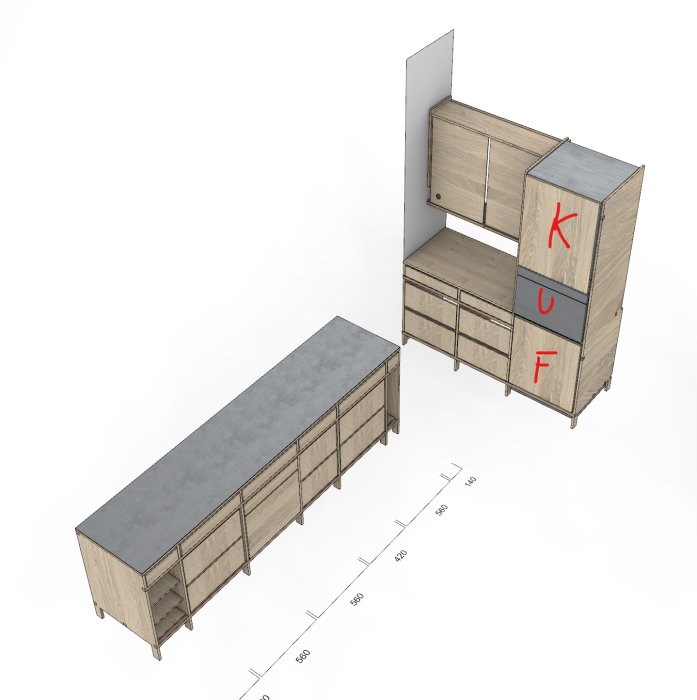 3D-modell av köksinredning med märkning för frys (F), kompaktugn (U) och kyl (K).