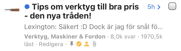 Skärmdump av forumtråd om verktyg med användarnamn, svarantal och reaktionsikoner.