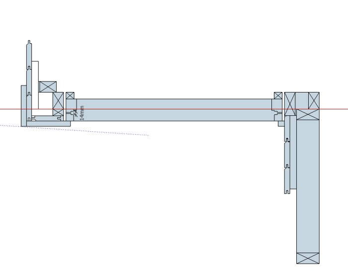 Ritning av högerhängd dörr och karm med markerade mått och spikreglar, visar sidovyn och detaljerad konstruktion.