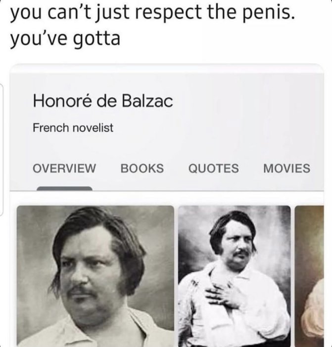 Meme med text som leker med namnet "Honoré de Balzac", skämtsam bildjämförelse med modern person.