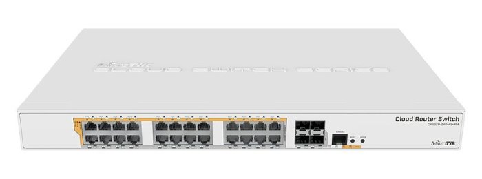 MikroTik CRS328-24P-4S+RM nätverksswitch med 24 Gbit-accessportar och fyra SFP+ portar.