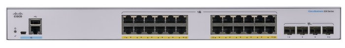 Cisco CBS250-24P-4X nätverksswitch med 24 Gbit-accessportar och fyra SFP+ portar på en ljus frontpanel.