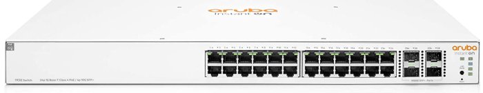 Vit Aruba Instant On 1930-switch med 24 Gbit-accessportar och 4 SFP+ portar, perfekt för nätverksentusiaster.