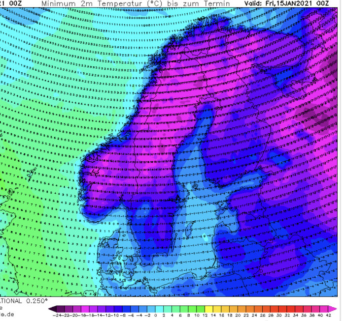 Väderkarta som visar minimumtemperaturer och vindriktning över Skandinavien.
