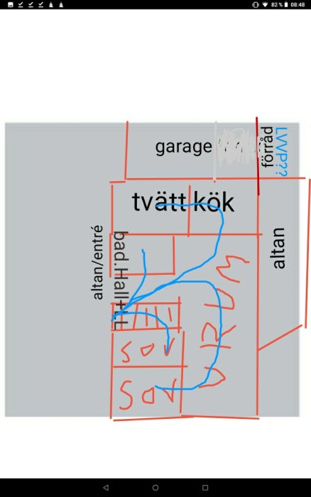 Illustrativ skiss av husets planlösning med markerad väg för värmedistribution från luftvärmepump.