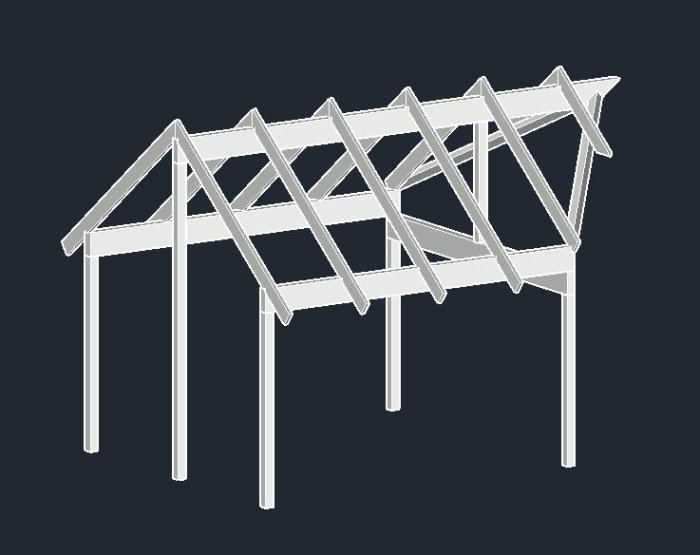3D-modell av limträstomme med ryggåstak för planerad utbyggnad av uterum.
