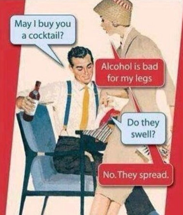 Retroillustration av en man och kvinna i konversation, han erbjuder en drink, hon svarar vitsigt.