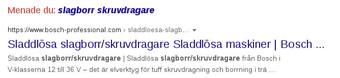 Skärmdump från Google-sökning som föreslår "slagborr skruvdragare" som sökterm.