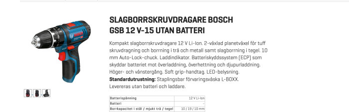 Bosch slagborrskruvdragare GSB 12 V-15 utan batteri med specifikationer och tillbehör.