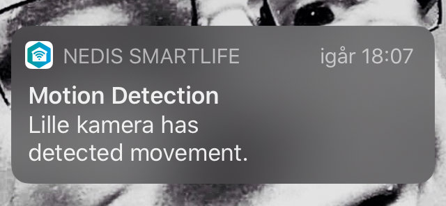 Smartphone skärmvisning av Nedis SmartLife rörelsedetekteringsnotis från en övervakningskamera.