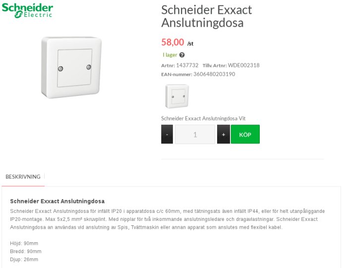 Vit Schneider Exxact anslutningsdosa för elektrisk installation, med pris och produktbeskrivning.
