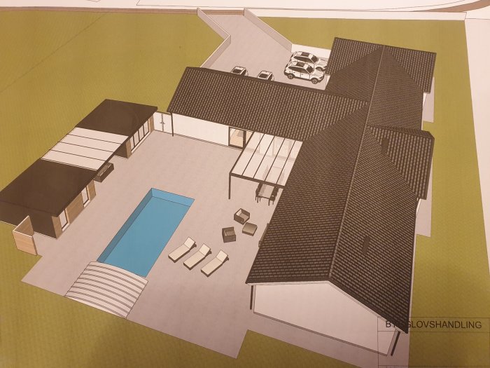 3D-ritning av ett hus med pool, uteplats och bil på infarten, markerat som bygglovshandling.