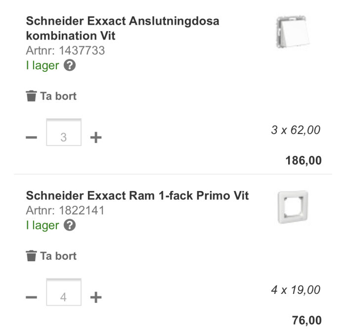 Anslutningsdosa och ram från Schneider Exxact, modellerna Vit kombination och Primo Vit.