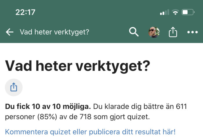 Skärmdump från forum där en användare fått full poäng på ett verktygsquiz.