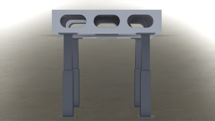 3D-rendering av en höj- och sänkbar arbetsbänk med grå MDF-top och pelare.