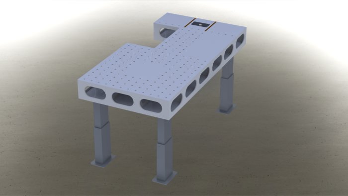 3D-rendering av en anpassad arbetsbänk med höj- och sänkbara ben och inbyggd fräsplatta.