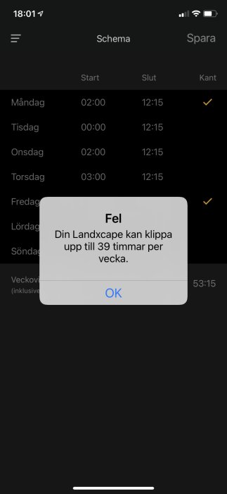 Skärmdump av en app med schema och felmeddelande om max 39 timmars schemaläggning per vecka.