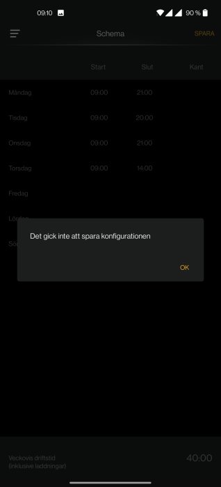 Skärm med schema-app visar felmeddelande "Det gick inte att spara konfigurationen" och total drifttid på 40 timmar.