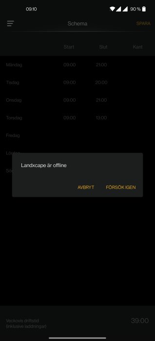 Skärmbild av schema i mobilapp visande arbetsdagar och tider med offline-felmeddelande.